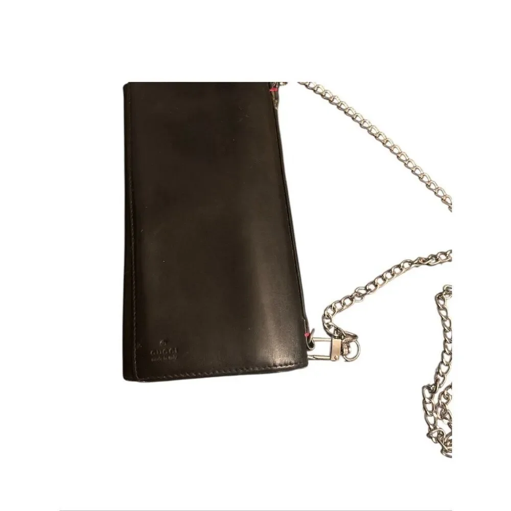 Gucci Bifold Long Wallet Black Leather With Silver Chain Strap Cocktail Party - Picture 3 of 16
